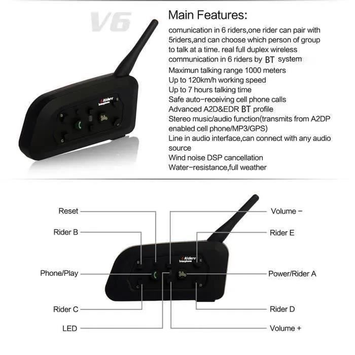 Intercom Moto Vnetphone V6 1200 Sans Fil Radio Oreillette BT