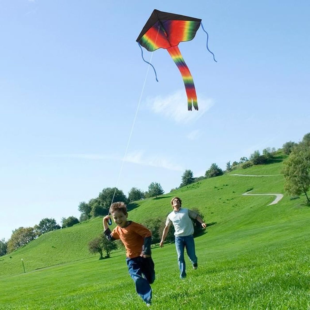 Multicolore Romantic Grand Cerf-Volant Enfant Monofil Rainbow de Grand Triangle avec Cordon de 30 mètres pour Jeux extérieur activité Enfants Jeux Exterieur avec String & Jouet Parachute
