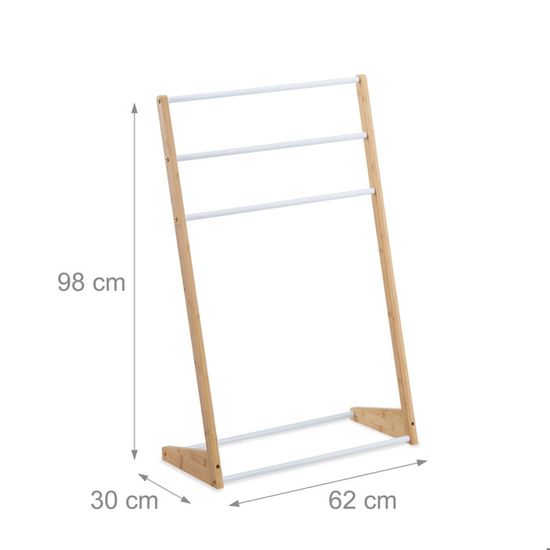 Porte-Serviettes Sur Pied En Bambou Relaxdays - 3 Barres + Étagère - Design Nature/Blanc - 78x53x24 Cm