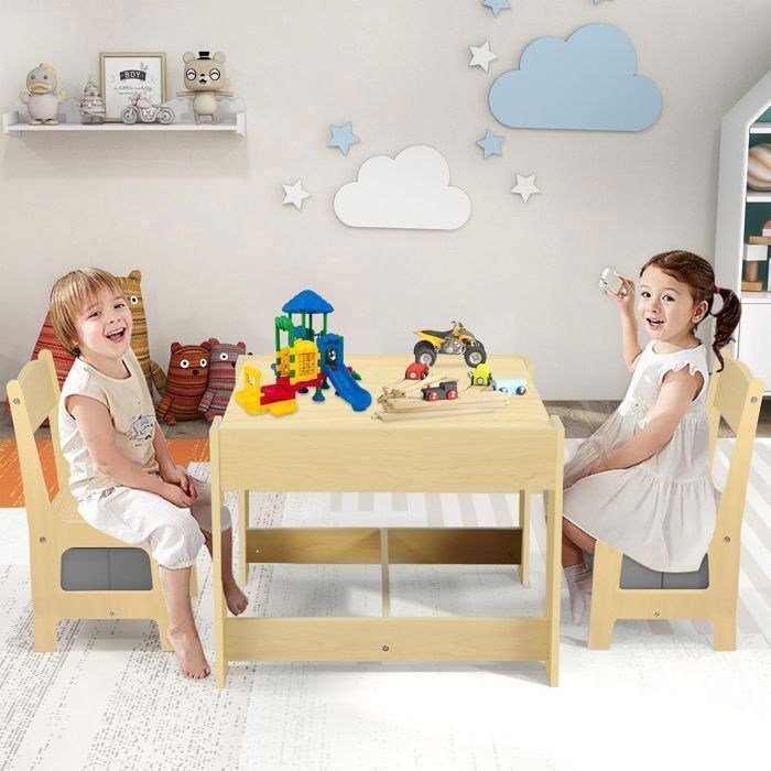 Table Enfant + 2 Chaises Avec Rangement - Plateau Réversible (Tableau Noir/Blanc) - Blanc