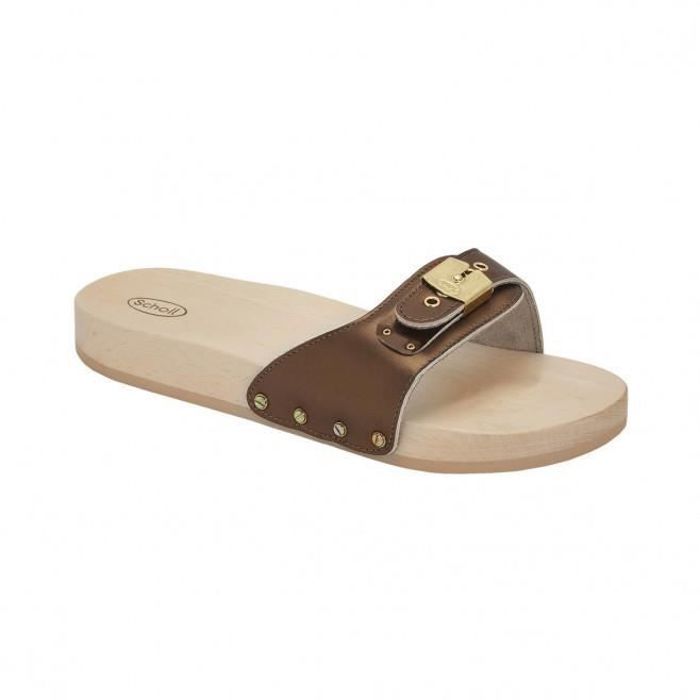 Sandale Femme SCHOLL PESCURA FLAT en Cuir Marron Boucle de serrage Semelle en bois de hetre naturel