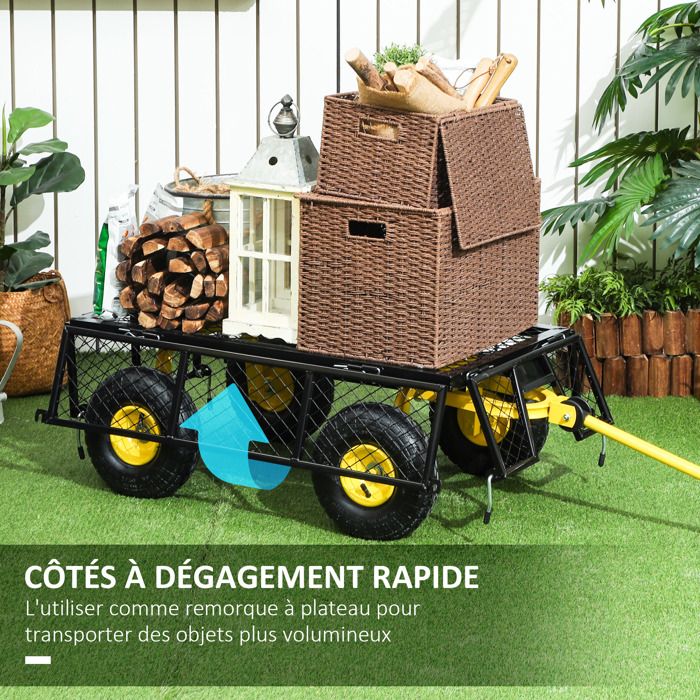 Chariot de jardin - Outsunny - acier - 4 roues - côtés amovibles transformable en plateau - poignée pivotante à 180° - noir et jaune - Jardin