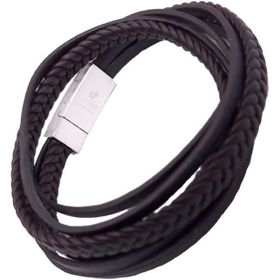 Bracelet Homme Tresse Cuir Marron - Fermoir Aimant Acier Inoxydable, 22.5 Cm, Occasion