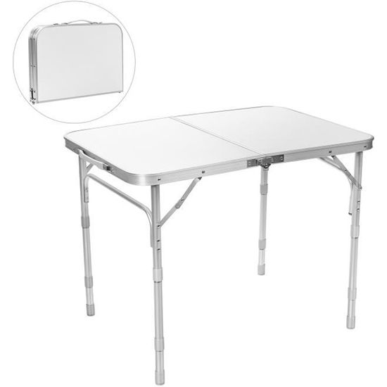 COSTWAY Table de Camping Pliante 80×60x65CM en Aluminium Hauteur à 3 Positions Poignée de Transport Blanc Table de Jardin Portable