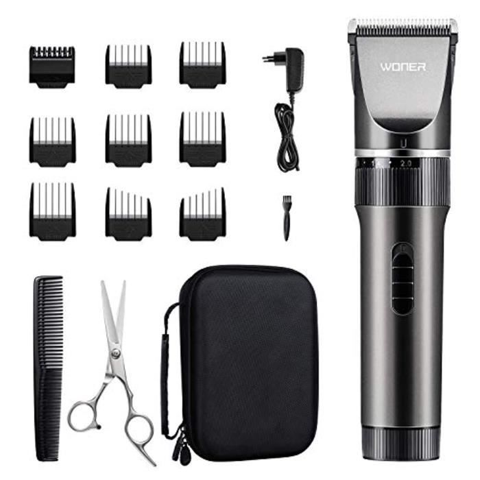 WONER Tondeuse Cheveux Hommes Professionnelle sans Fil Moteur Silencieux Lame Céramique Tondeuse Barbe Rechargeable Coffret pour Hom