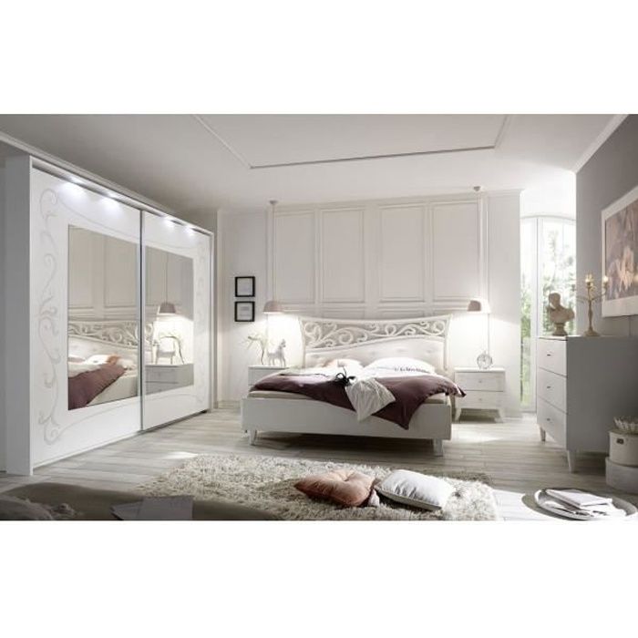 Chambre complète 160x200 Blanc - ESMERALDA n°2 - Blanc - Bois - Lit : L 183 x l 211 x H 116 cm - Armoire : L 285 x l 64 x H 216 cm