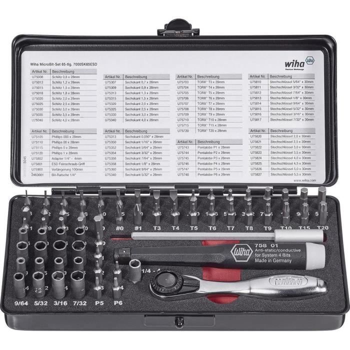 Jeu d'embouts 65 pièces Wiha 7000SK65ESD 39971 plat, cruciforme Phillips, cruciforme Pozidriv, 6 pans intérieurs, Torx,