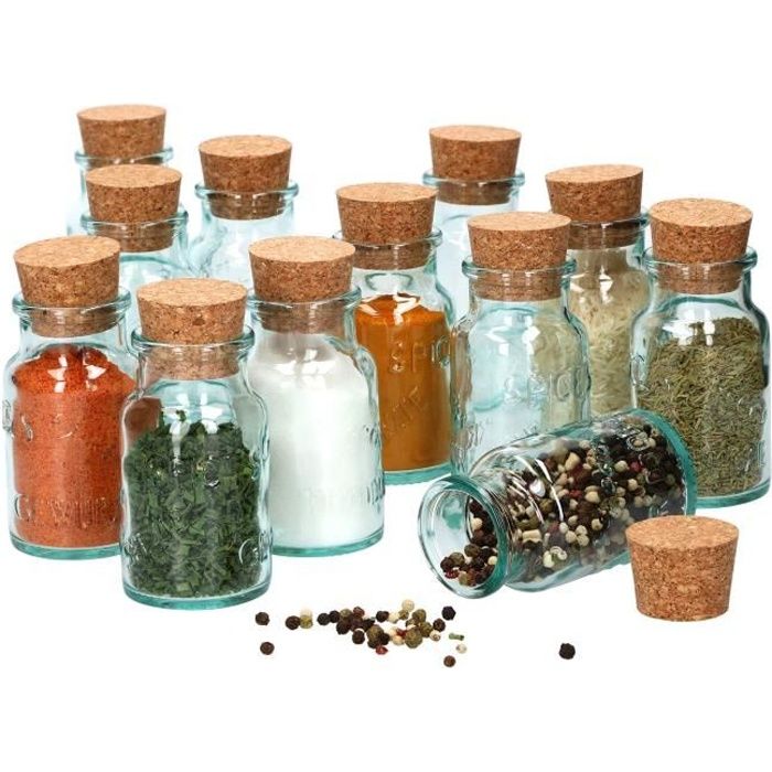 12 pots à épices ronds 125 ml + couvercle en liège naturel I pots en verre noble avec relief en verre I récipient de stockage pour