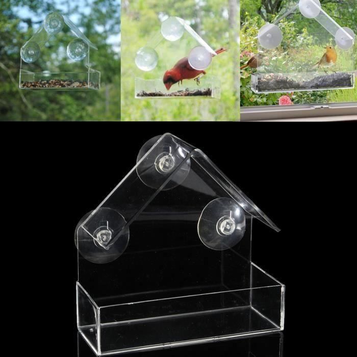 Acrylique Mangeoire à Ventouse Fenêtre pour Oiseaux Nourriture Alimentateur Transparent