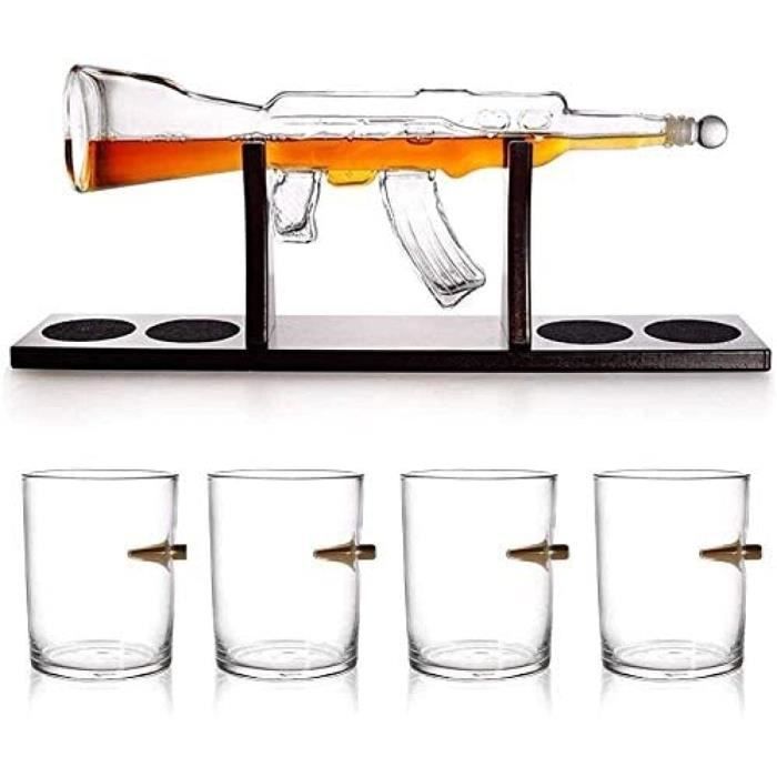 Grand carafe à décanter réutilisable en forme de pistolet avec 4 verres à whisky et base en acajou 458