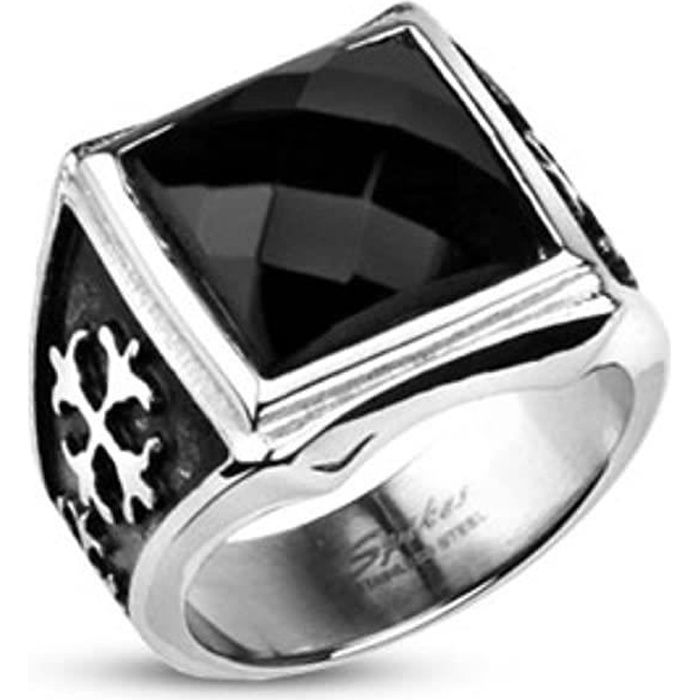 Bague chevalière homme acier et onyx noir carré à croix royale (67)