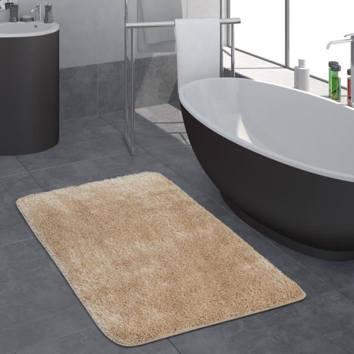 Tapis Salle De Bain Moderne Poils Longs Uni Tapis De Bain Antidérapant Beige [Ø 80 cm rond]