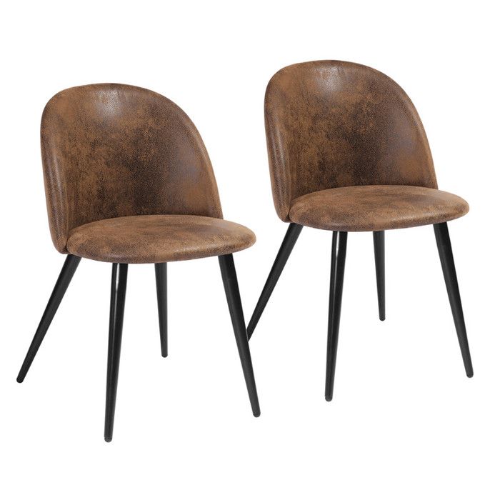 furniturer lot de 2 chaises de cuisine vintage en simili suede avec dossier en coquille, avec pieds en métal noir, marron