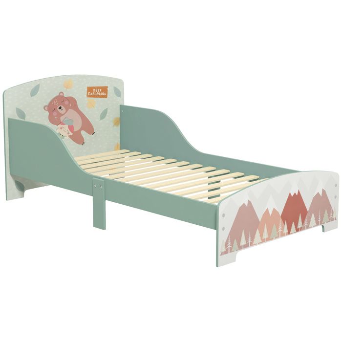 Lit pour enfant ZONEKIZ 3-6 ans avec barrières de sécurité et motifs dim. 77 x 143 x 60 cm sommier à lattes inclus - Vert Lit pour enfant ZONEKIZ 3-6 ans avec barrières de sécurité et motifs dim. 77 x 143 x 60 cm sommier à lattes inclus - Vert