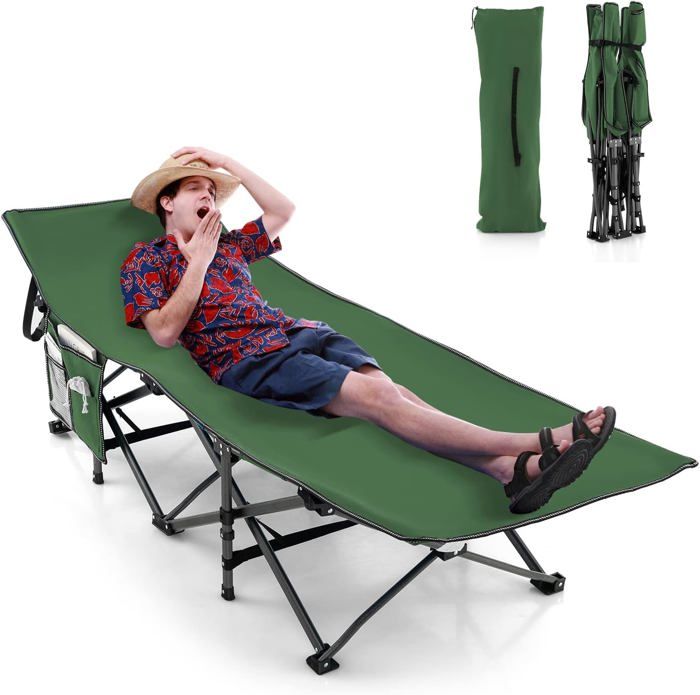 Lit De Camp Pliable 1 Personne 150 Kg – Dossier 6 Positions + Matelas 7 Zones, Poches Latérales