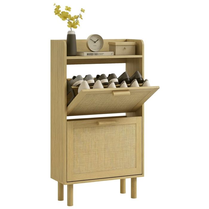 Meuble à chaussures HOMCOM 2 portes abattants effet rotin tissé étagères design bohème 12 paires - dim. 80L x 245l x 110H cm