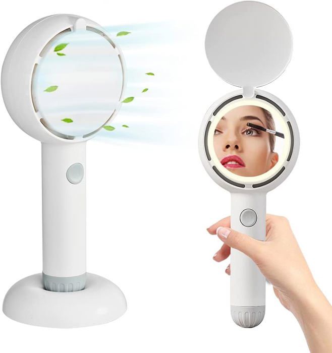 Mini ventilateur portatif rechargeable à piles avec miroir de maquillage à LED idéal pour les voyages en plein air (blanc) - La Ruche Globale