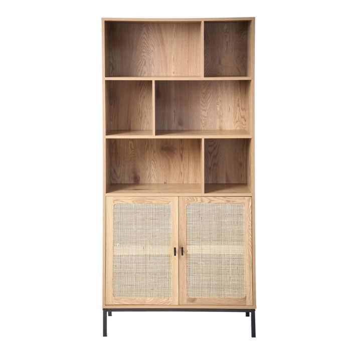 CALICOSY - Bibliothèque 6 Cases et 2 Portes en Rotin Naturel H175cm - JAYA - Bois clair