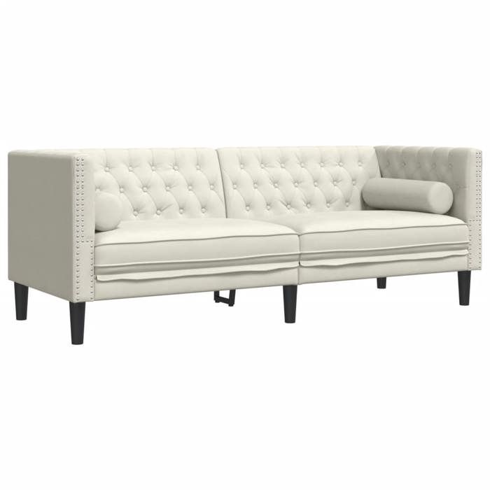 971267& Canapé Chesterfield avec traversins 3 places - crème velours - L194 x P74.5 x H70.5 cm
