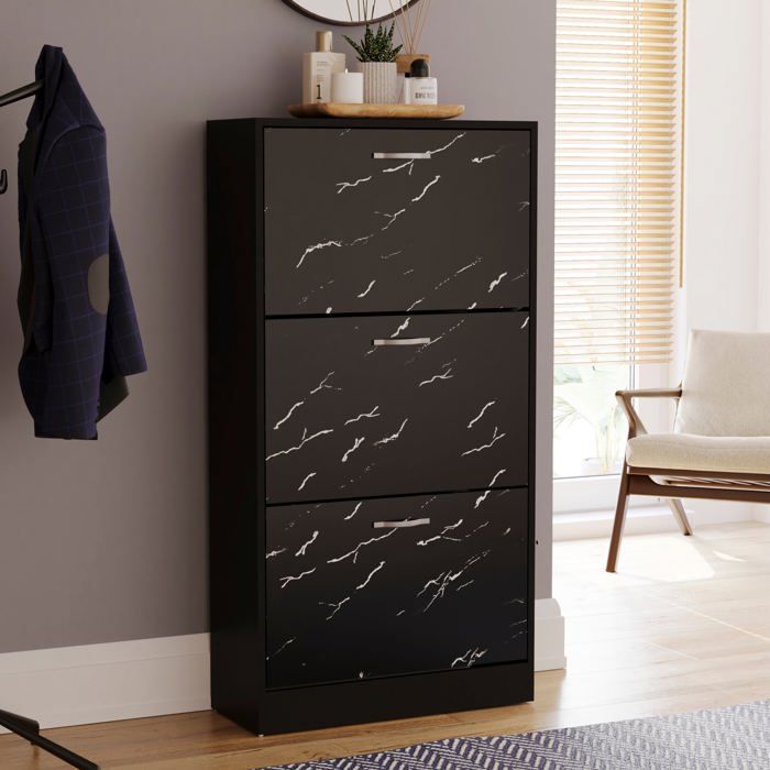 Meuble à chaussures 3 tiroirs – Armoire de rangement pour chaussures meuble d’entrée ou de couloir Marbre noir