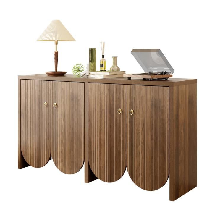 Buffet aspect noyer 147×40×80cm avec 4 portes - étagères réglables et poignées en aluminium – Meuble de rangement polyvalent