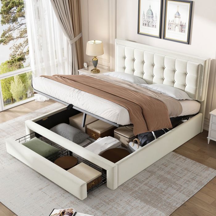 Lit Double velours beige 140x190 avec sommier lattes bois tête de lit 2 tiroirs et rangement hydraulique - Sans Matelas Lit Double velours beige 140x190 avec sommier lattes bois tête de lit 2 tiroirs et rangement hydraulique - Sans Matelas