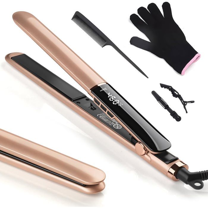 Lisseur Cheveux Professionnel Céramique 2 en 1 Fer à Lisseur Boucleur pour Coiffures VariéesLCD 120-230°CVoltage Universel Or