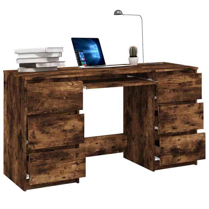 Bureau en bois dingénierie - CLARENCE - Chêne fumé - 140x50x77 cm - Grand espace de rangement - Assemblage requis