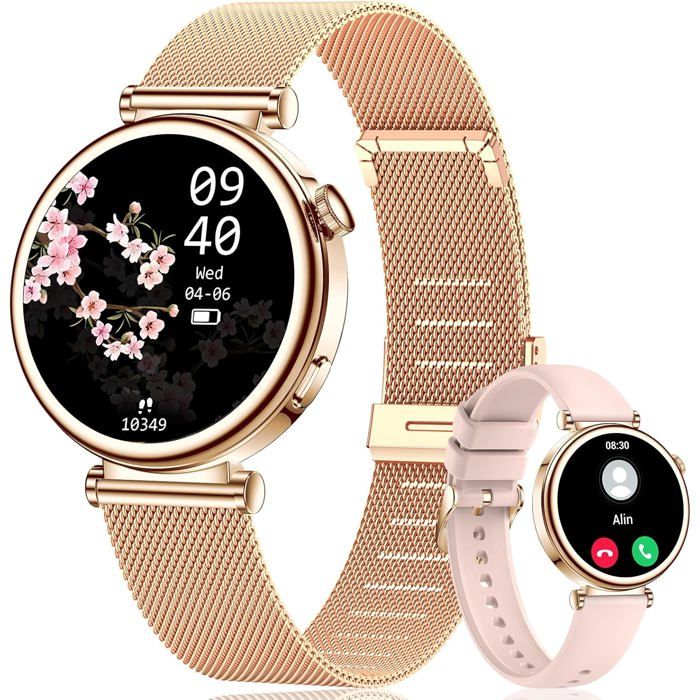 Montre Connectée Femme Ronde: Or Rose Sport Smartwatch Fitness Femme Etanche Podometre - Appel Bluetooth Montres Bracelet In[YS742]