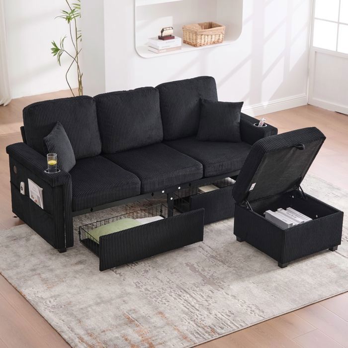 Canapé dAngle Réversible4 PlacesLED Intégré & Port USB-CTiroirs de Rangement + Poches LatéralesNoir