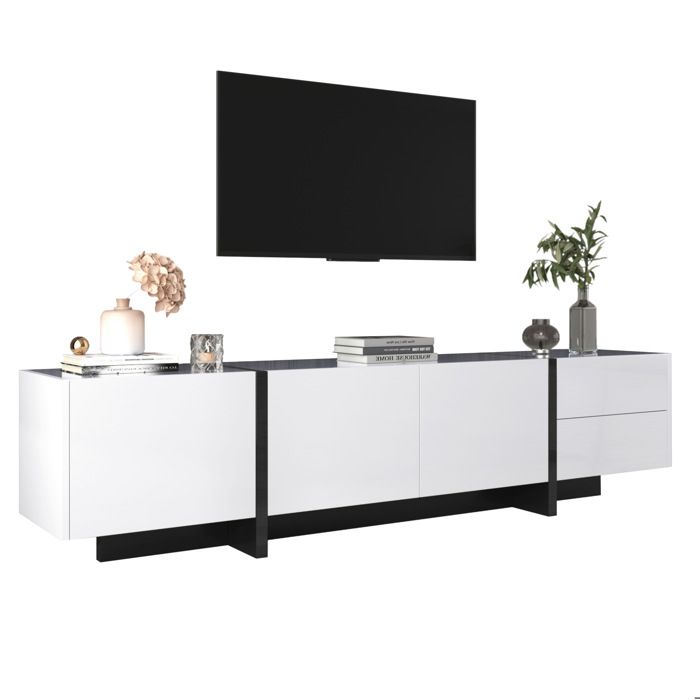 Meuble TV noir et blanc laqué avec portes et tiroirs design à lignes épurées