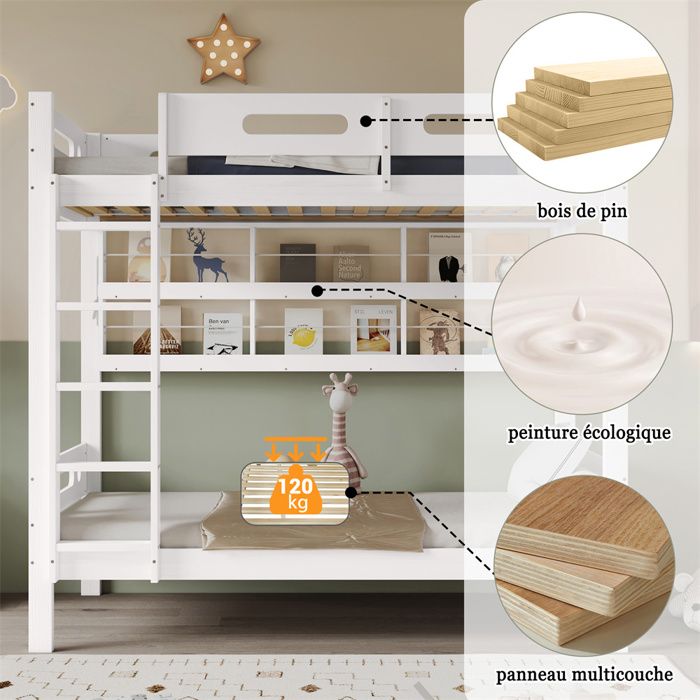 Lit superposé- 90x200cm- lit denfant avec barre antichute- étagère de rangement ouverte et échelle à cinq marches- pin+mdf- blanc Lit superposé- 90x200cm- lit denfant avec barre antichute- étagère de rangement ouverte et échelle à cinq marches- pin+mdf- blanc