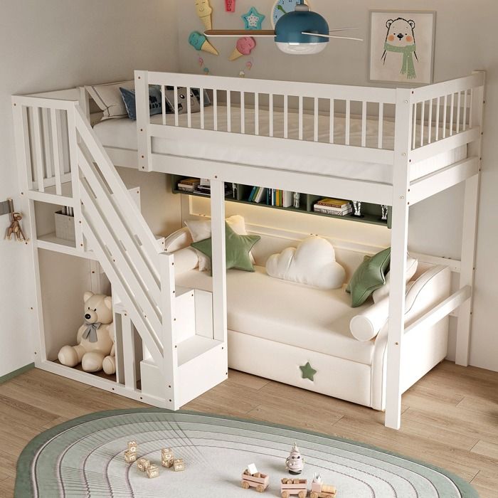 Lit enfant 90 x 200 cm lit superposé en bois massif avec placard escalier et barrières de sécurité - Blanc