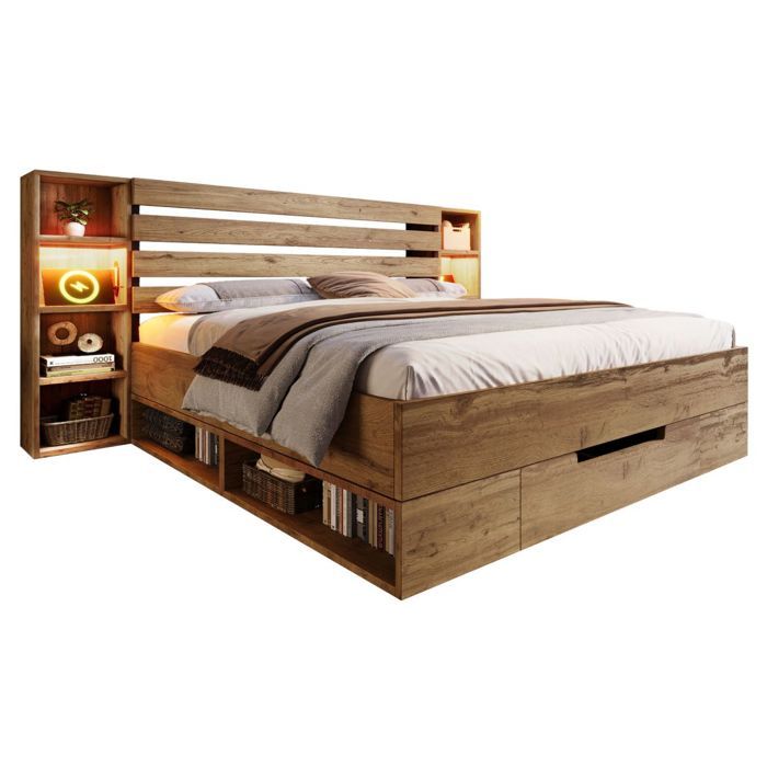 Lit Double 160x200cm- MDF Chêne-Coffre LED+USB-C-Tête Lit & Tiroirs-Sommier Lattes (sans Matelas)