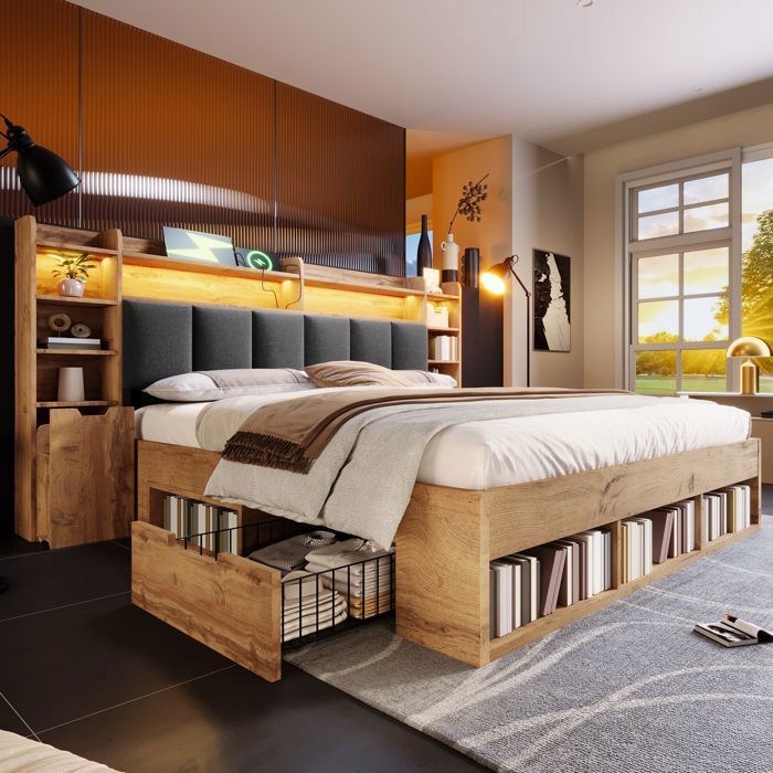 Lit double en bois avec rangements 180 x 200 cm avec éclairage LED prise de recharge tête de lit rembourrée table de chevet