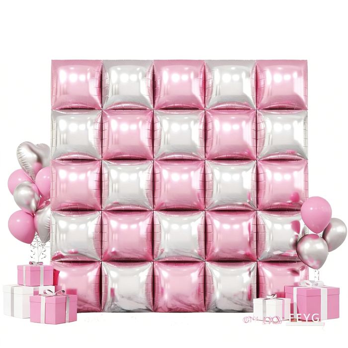 Ballons 20×20×3cm décor de fond carré bicolore rose et argent pour fête de mariage ballons danniversaire avec rubans et pailles