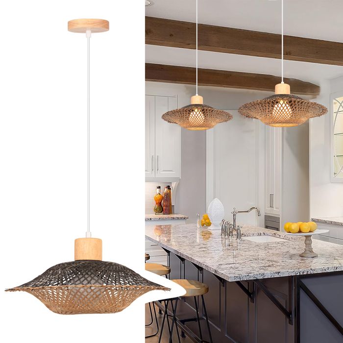 1 x Suspension en Rotin Tissage Lustre Style Bohème Ø30cm Abat-jour en Bambou Naturel et Noir Lampe Suspendue Cuisine - SMOTOP