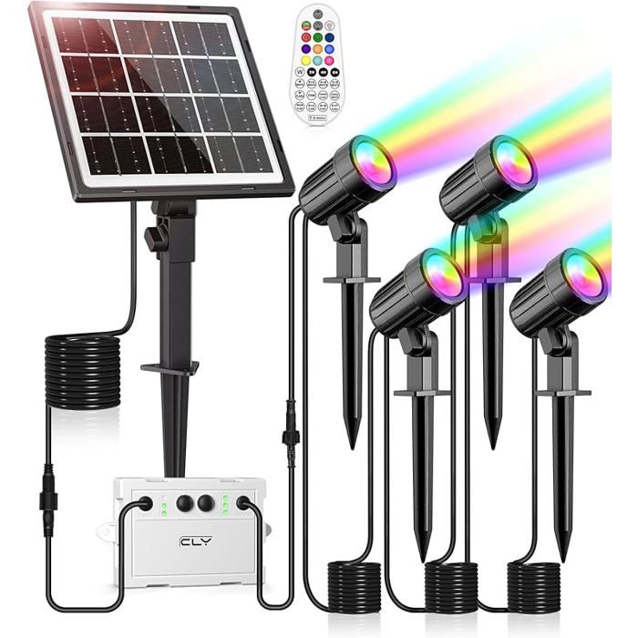 Spot Solaire Exterieur RGB 30 Modes Dynamiques Lampe Solaire Multicolore 10 Couleurs 2 Luminosité Lumiere 4 Spots MULTICOLORE SPOTS