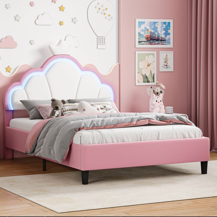 Lit enfant pour fille140x190Lit enfant 140x190 LEDLit pour enfant avec LED fille Lit avec Sommier à LattesRose+Blanc+Flanelle