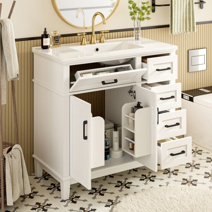 Meuble Vasque Salle de Bain 90x46x87cm Blanc Laqué Tiroirs Fermeture Amortie Vasque Céramique Pieds Bois Massif Poignée Noire Meuble Vasque Salle de Bain 90x46x87cm Blanc Laqué Tiroirs Fermeture Amortie Vasque Céramique Pieds Bois Massif Poignée Noire