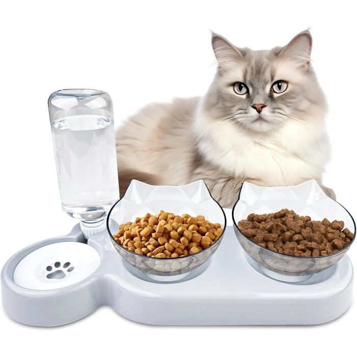 3 en 1 Gamelle Chat Eau Inclinable À 15° Gamelle pour Chat Surélevée Mangeoirs et Abreuvoirs pour Chats Gamelle Surelevee (Grise)