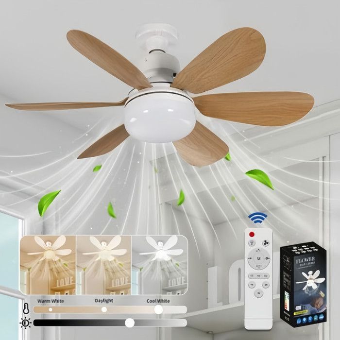 Ventilateur Silencieux Plafond 40W Lampe Ventilateur Plafond avec Douille E27 6 Pales 3 Vitesses Silencieux pour SalonChambre