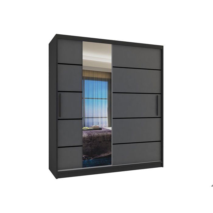 BELINI Grande Armoire 2 Portes Coulissantes VERONA MBP 133 cm - Noir / Gris Mat - Miroir Intégré & 2 Tiroirs - Chambre Adulte