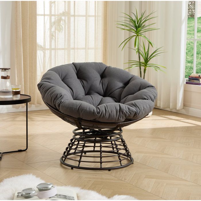Fauteuil Papasan Pivotant 360° Ergonomique - TCQPZ - Coussin Épais Intérieur Extérieur Acier et Rotin PE Marron et Gris