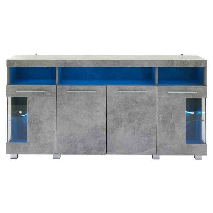 Buffet gris béton 140 cm avec LED meuble de rangement brillant avec 3 étagères en verre pour salon Buffet gris béton 140 cm avec LED meuble de rangement brillant avec 3 étagères en verre pour salon