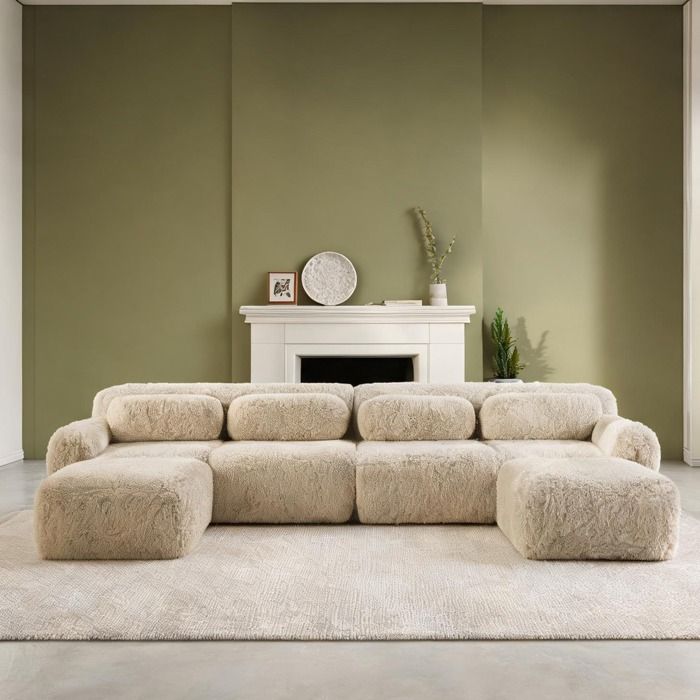 Canapé dangle modulable en U pour salon revêtement tissu pluche neutral beige 4 places coussins inclus
