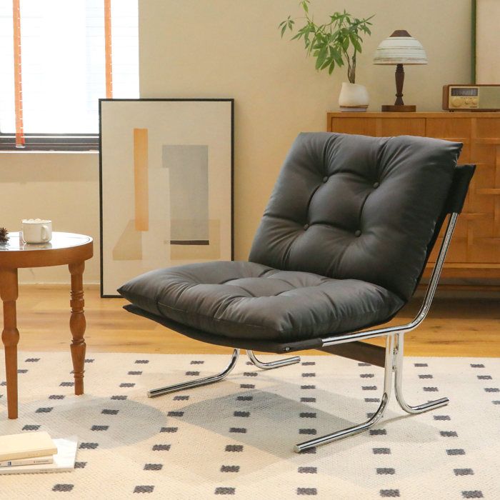 ROVRYN fauteuil dappoint style Barcelona en simili cuir noir avec pieds en metal chrome dehoussable