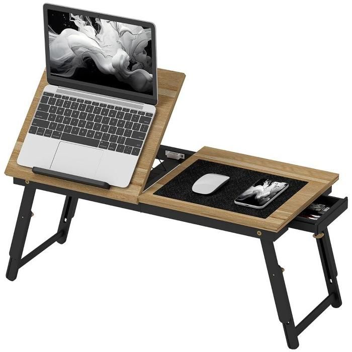 Table de lit pliable réglable en bambou plateau inclinable tiroir finition chêne 835x33x34 cm