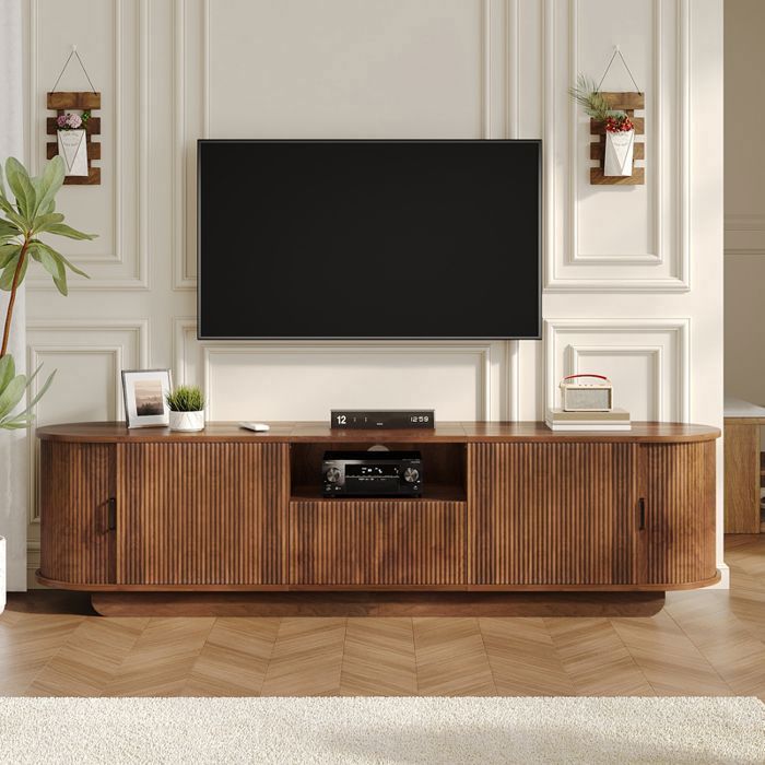 Meuble TV 180x40x50 cm avec 2 Portes Coulissantes 2 Portes 1 Tiroir et Niche Ouverte Façade Ondulée 3D - Effet Noyer
