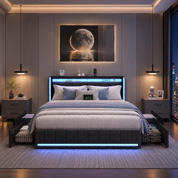 Lit Double 160x200 avec 4 Tiroirs Lit Adulte avec LED Réglable et USB Sommier à Lattes Rangement Pratique Style ModerneLin gris